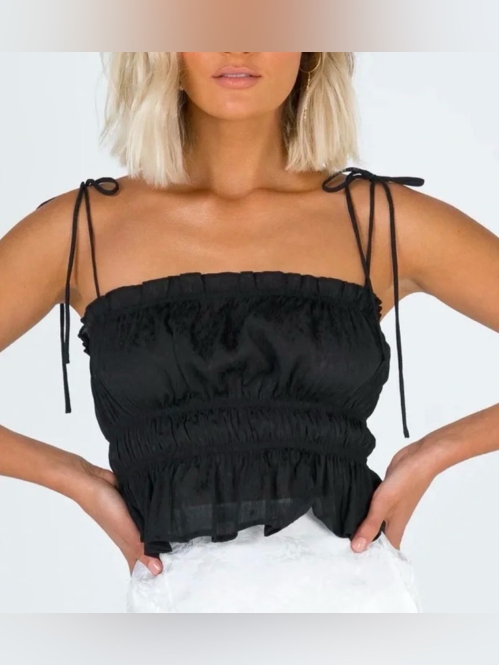 Princess Polly Tie Shoulder Crop Blouse - US 0 - Sheer Black